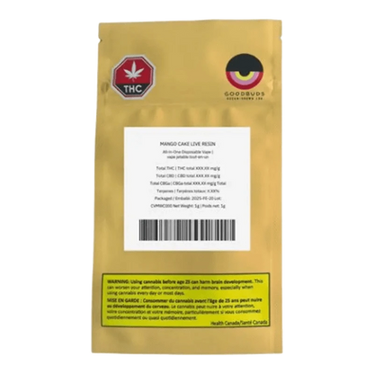 Front view of the Mango Cake Live Resin AIO Disposable Vape packaging, featuring a bright white label with green and black text.