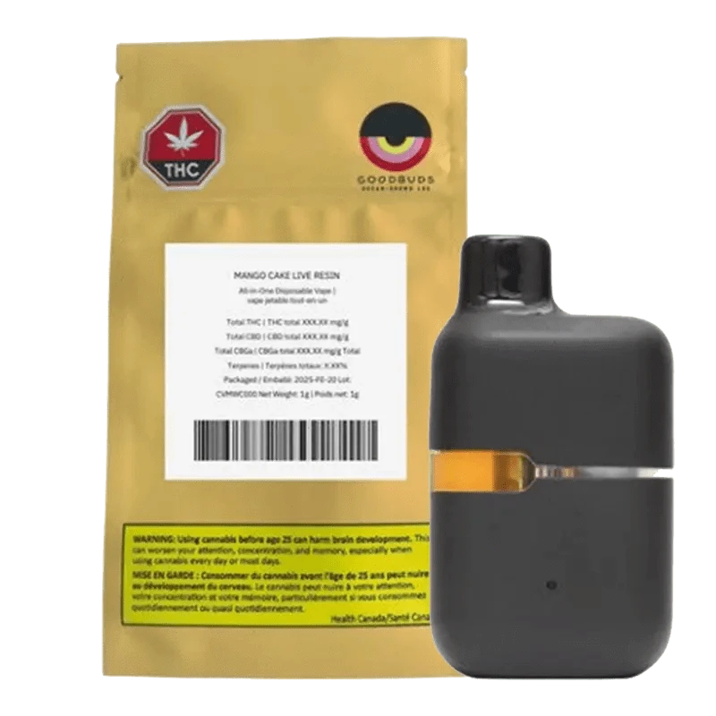 Close-up of the Mango Cake Live Resin AIO Disposable Vape with a white label and black casing, displayed on a simple background.