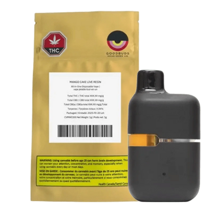 Close-up of the Mango Cake Live Resin AIO Disposable Vape with a white label and black casing, displayed on a simple background.