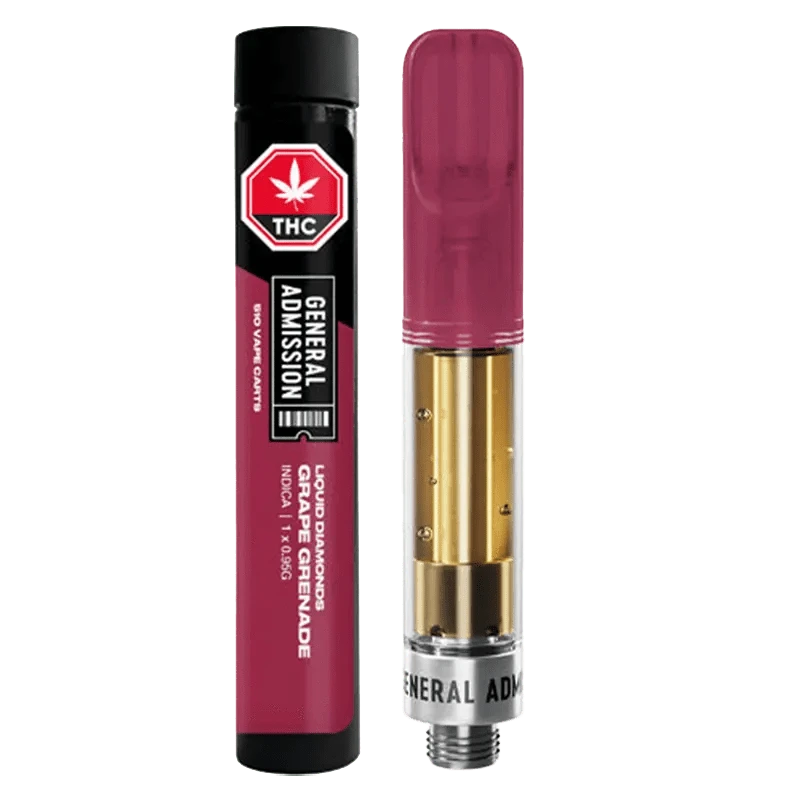 Close-up of the Grape Grenade Liquid Diamond Vape Cartridge with a clear glass tank and silver connector.