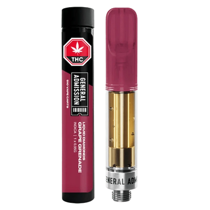 Close-up of the Grape Grenade Liquid Diamond Vape Cartridge with a clear glass tank and silver connector.