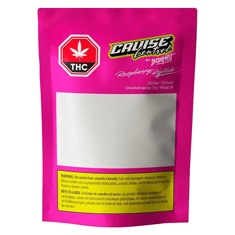 Close-up of the Raspberry Riptide THC + CBD Vape Cartridge packaging, showing the logo and product name against a colorful, textured background.