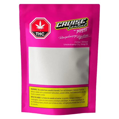 Close-up of the Raspberry Riptide THC + CBD Vape Cartridge packaging, showing the logo and product name against a colorful, textured background.