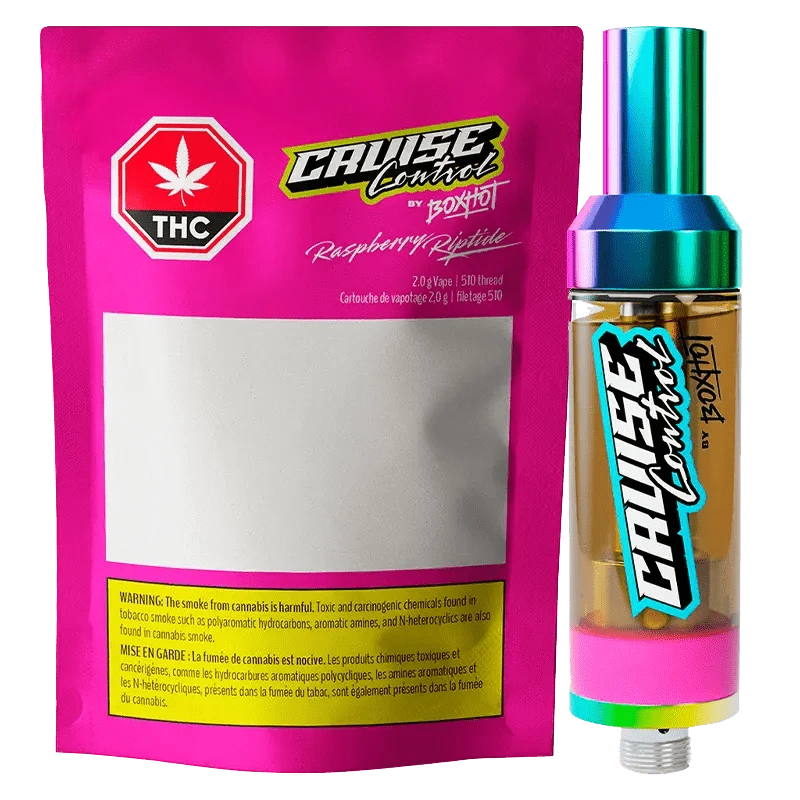 Close-up of the Raspberry Riptide THC + CBD Vape Cartridge packaging, with bold text and a vibrant, angled design.