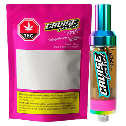 Close-up of the Raspberry Riptide THC + CBD Vape Cartridge packaging, with bold text and a vibrant, angled design.