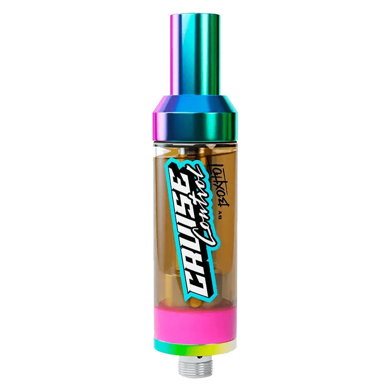 Front view of the Raspberry Riptide THC + CBD Vape Cartridge, featuring a metallic silver base and colorful, translucent top.