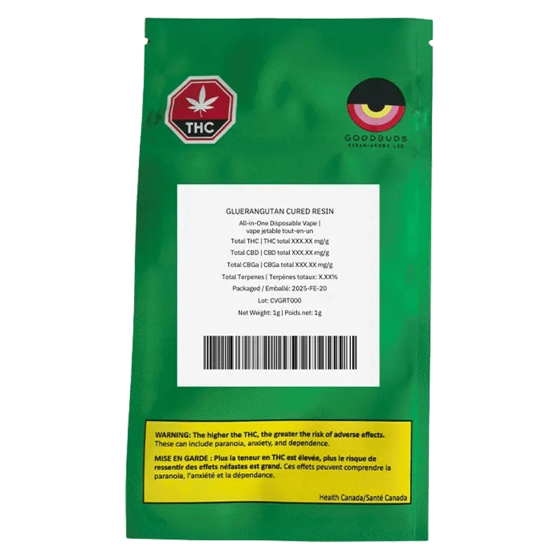 Front view of the Good Buds Mango Cake Cured Resin Disposable Vape packaging with THC warnings in French.