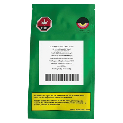 Front view of the Good Buds Mango Cake Cured Resin Disposable Vape packaging with THC warnings in French.