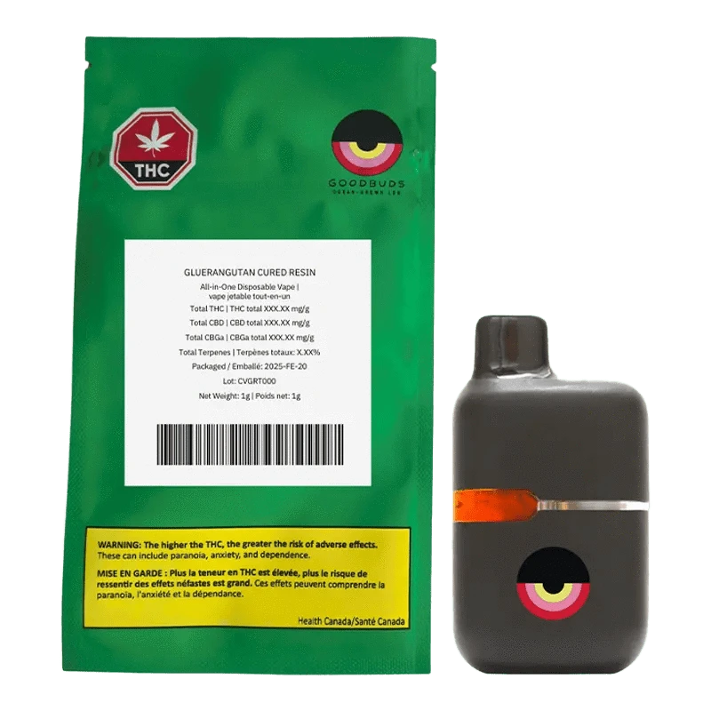 Front view of the Good Buds Mango Cake Cured Resin Disposable Vape, showcasing its branding against a white background.