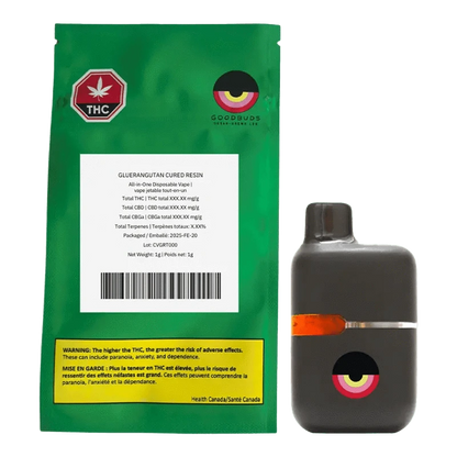 Front view of the Good Buds Mango Cake Cured Resin Disposable Vape, showcasing its branding against a white background.