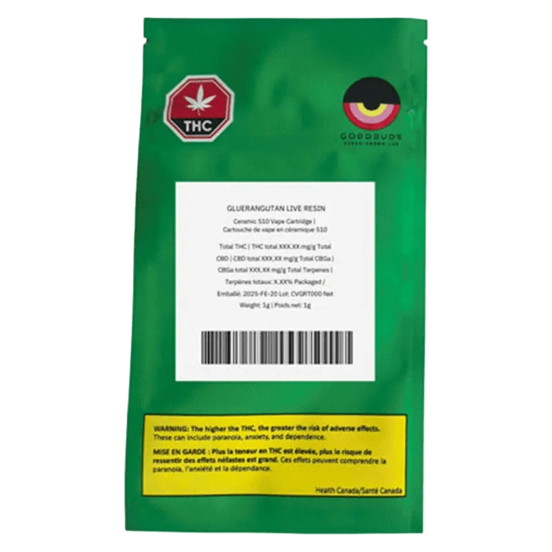Close-up of the Gluerangutan Live Resin Vape Cartridge in a transparent container with a white label displaying THC information.