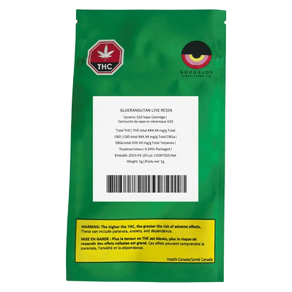 Close-up of the Gluerangutan Live Resin Vape Cartridge in a transparent container with a white label displaying THC information.