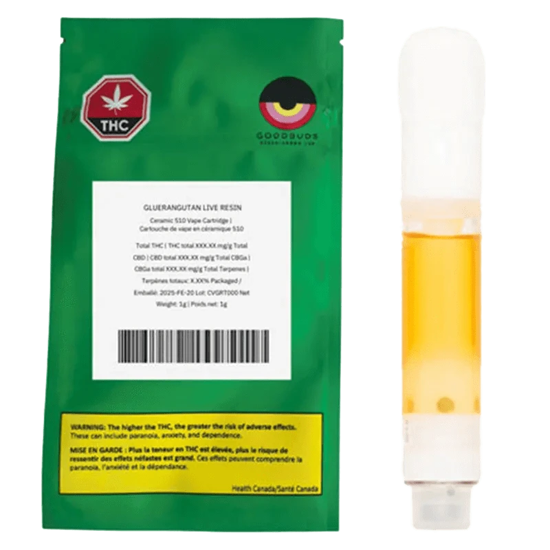 Close-up of the Gluerangutan Live Resin Vape Cartridge packaging with prominent THC and hazard warnings in French.