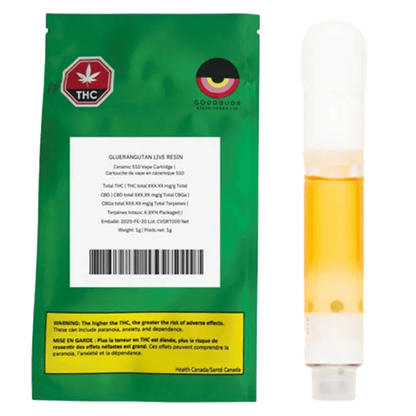 Close-up of the Gluerangutan Live Resin Vape Cartridge packaging with prominent THC and hazard warnings in French.