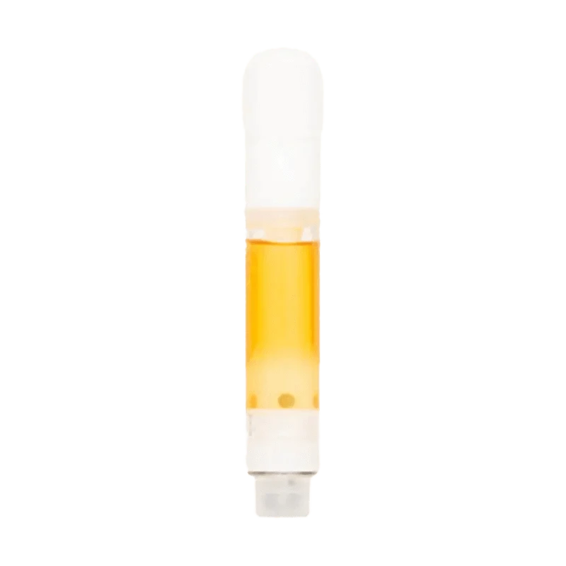 Close-up of the Gluerangutan Live Resin Vape Cartridge, showing a clear glass cylinder filled with translucent gold oil.