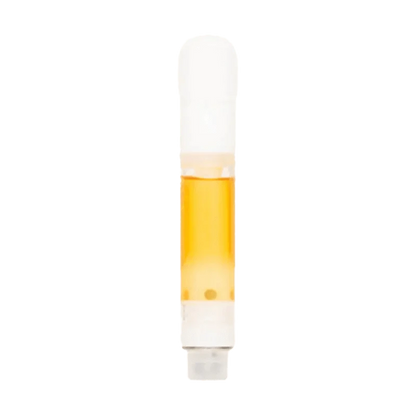 Close-up of the Gluerangutan Live Resin Vape Cartridge, showing a clear glass cylinder filled with translucent gold oil.