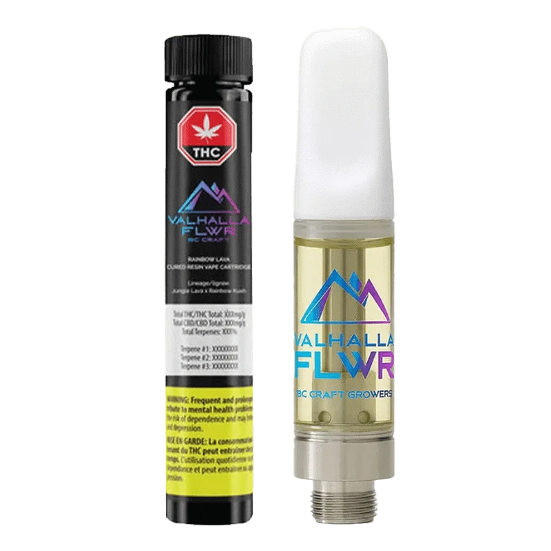 Front view of the Rainbow Lava Cured Resin Vape Cartridge with a white label and metallic accents, presented against a dark backdrop.