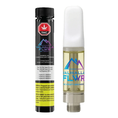 Front view of the Rainbow Lava Cured Resin Vape Cartridge with a white label and metallic accents, presented against a dark backdrop.