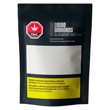 Front view of the Blackberry Haze Liquid Diamond Vape Cartridge with a green THC label and black branding.