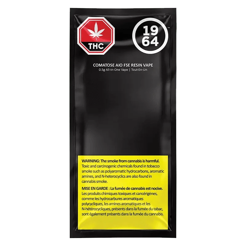Front view of the Comatose Fse Resin All In One Disposable Vape, featuring a black and white warning label with a bold red number.