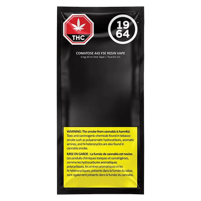 Front view of the Comatose Fse Resin All In One Disposable Vape, featuring a black and white warning label with a bold red number.