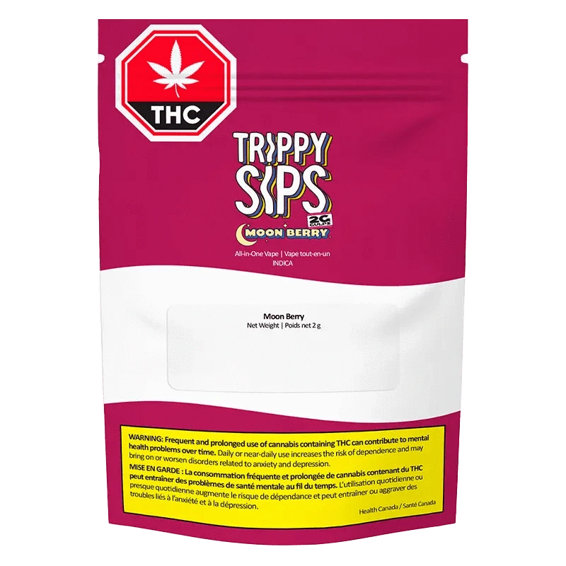 Front-facing shot of a magenta pouch labeled MoonBerry GULPs AIO Disposable Vape with "Trippy Sips" logo, white lower panel and THC warning.
