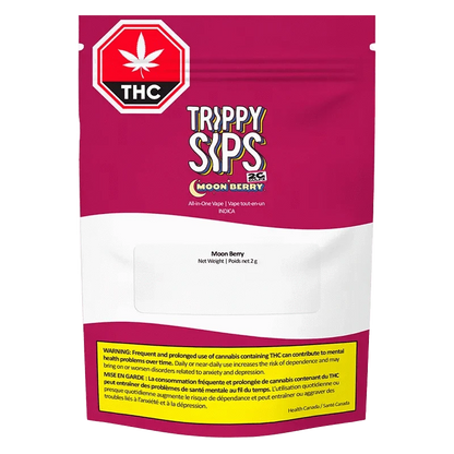 Front-facing shot of a magenta pouch labeled MoonBerry GULPs AIO Disposable Vape with "Trippy Sips" logo, white lower panel and THC warning.
