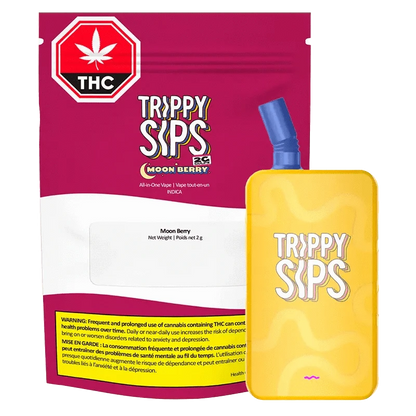 Front view of the MoonBerry GULPs AIO Disposable Vape showing a yellow device with "Trippy Sips" lettering beside its magenta and white retail pouch.