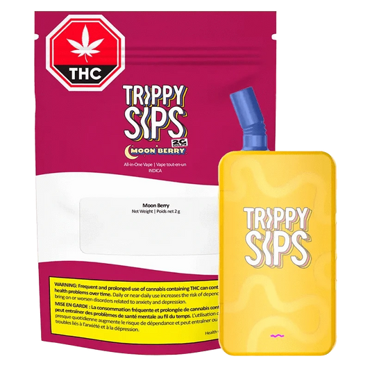 Front view of the MoonBerry GULPs AIO Disposable Vape showing a yellow device with "Trippy Sips" lettering beside its magenta and white retail pouch.