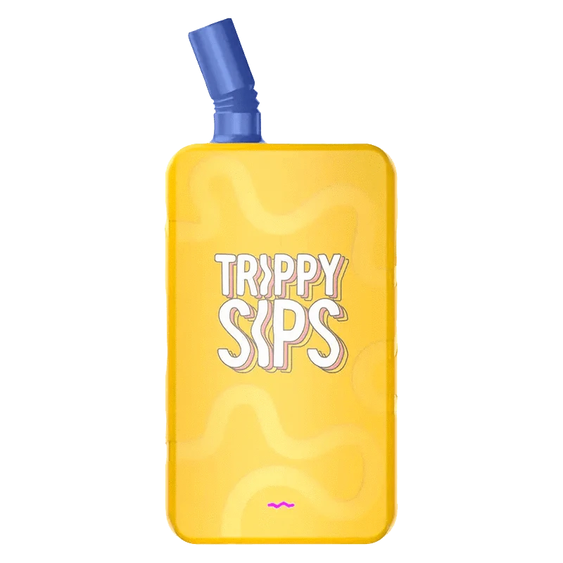 Front-facing view of a yellow MoonBerry GULPs AIO Disposable Vape with a blue angled mouthpiece and "TRIPPY SIPS" graphics centered on the body