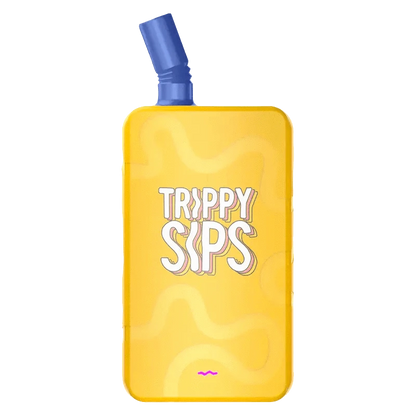 Front-facing view of a yellow MoonBerry GULPs AIO Disposable Vape with a blue angled mouthpiece and "TRIPPY SIPS" graphics centered on the body