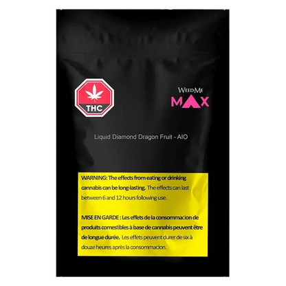 Front-facing pack shot of the Dragon Fruit - AIO Disposable Vape by Weed Me Max on a black pouch with a red THC octagon and a yellow bilingual warning block.