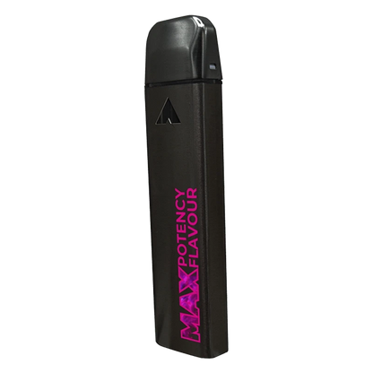 Angled front view of the black Dragon Fruit - AIO Disposable Vape with vertical magenta "MAX POTENCY FLAVOUR" text on its body.