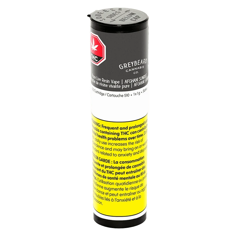 Tall front view of the Greyb eard Cannabis Co. Afghani Sunrise Pure Live Resin Vape Cartridge tube showing black cap, grey label and yellow warning panel.