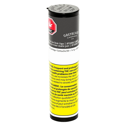 Tall front view of the Greyb eard Cannabis Co. Afghani Sunrise Pure Live Resin Vape Cartridge tube showing black cap, grey label and yellow warning panel.