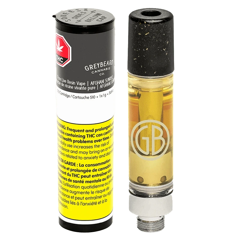 Front-facing shot of the Afghani Sunrise Pure Live Resin Vape Cartridge by Greybeard Cannabis Co., beside its black-and-yellow warning tube.
