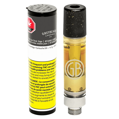 Front-facing shot of the Afghani Sunrise Pure Live Resin Vape Cartridge by Greybeard Cannabis Co., beside its black-and-yellow warning tube.