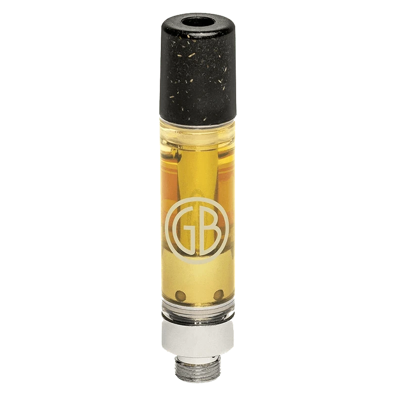 Straight-on view of the Afghani Sunrise Pure Live Resin Vape Cartridge showing golden oil in a clear chamber with a black speckled mouthpiece.
