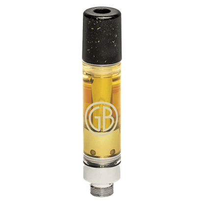 Straight-on view of the Afghani Sunrise Pure Live Resin Vape Cartridge showing golden oil in a clear chamber with a black speckled mouthpiece.