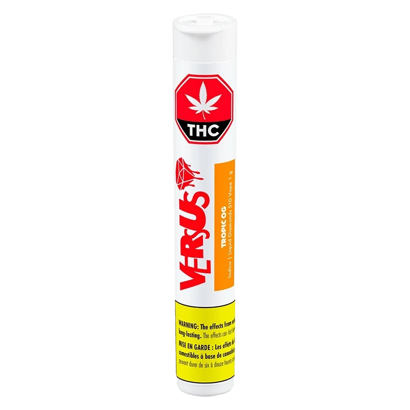 Straight-on view of a tall white tube labeled Tropic OG Liquid Diamonds Vape Cartridge by VERSUS, showing red THC symbol and yellow warning band.