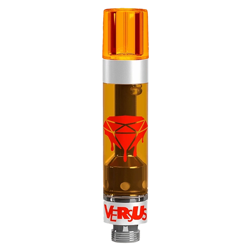 Straight-on studio shot of the Tropic OG Liquid Diamonds Vape Cartridge showing its amber tank with a dripping red diamond logo and orange mouthpiece.