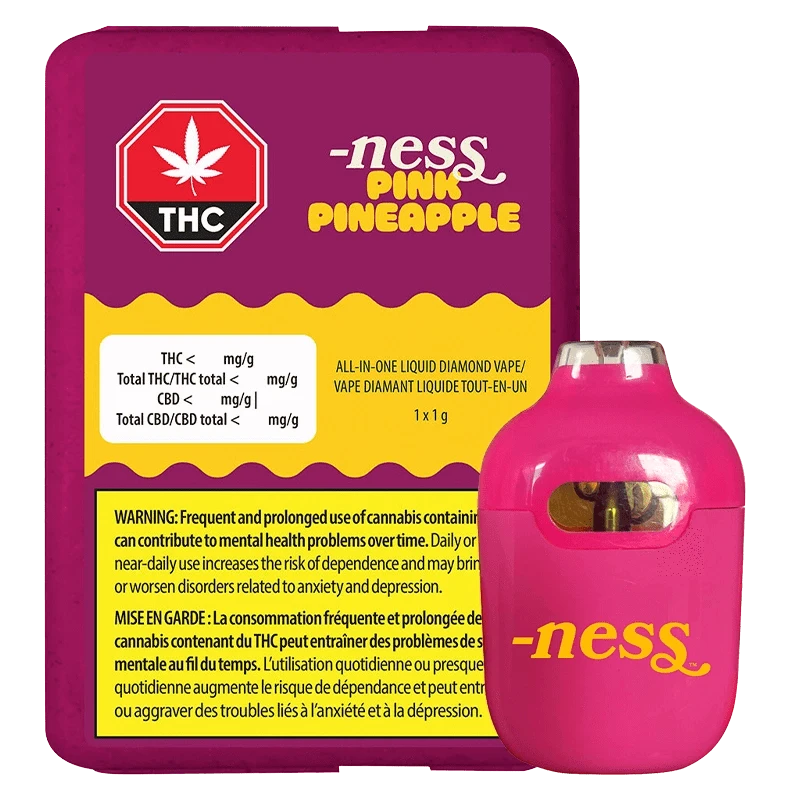 Front three-quarter view of the pink Pineapple Liquid Diamond AIO Vape by -ness positioned next to its matching magenta and yellow warning-labeled box.