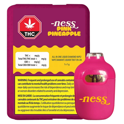 Front three-quarter view of the pink Pineapple Liquid Diamond AIO Vape by -ness positioned next to its matching magenta and yellow warning-labeled box.