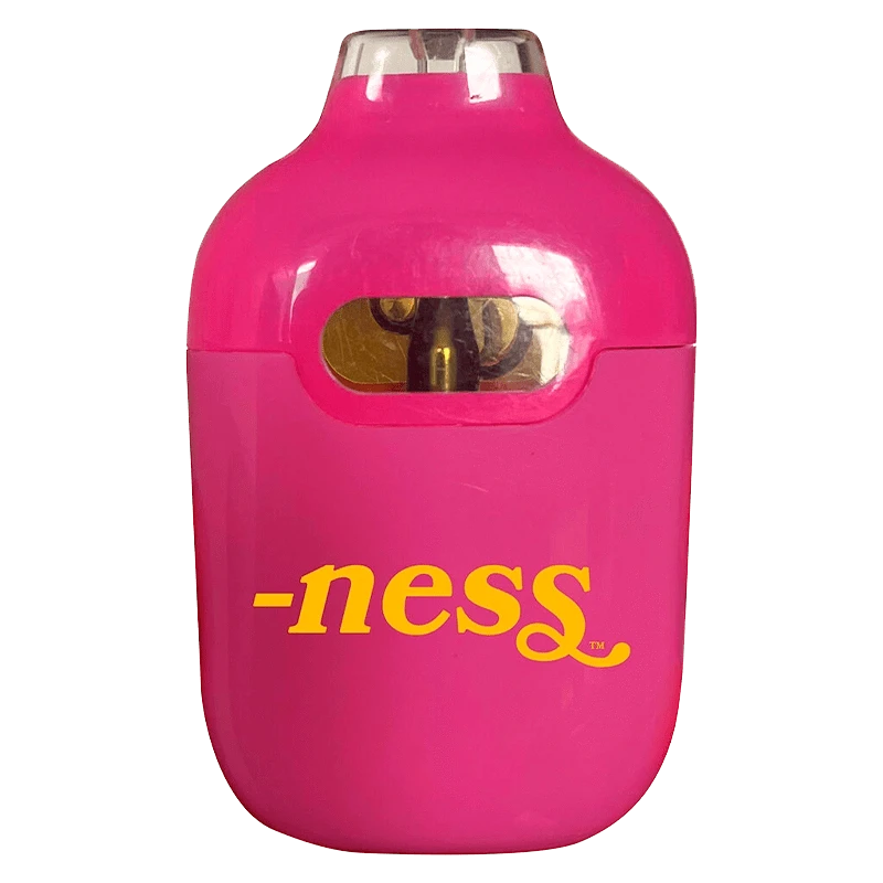 Front-facing close-up of the bright pink Pink Pineapple Liquid Diamond AIO Vape with a small oval window and yellow "-ness" logo.
