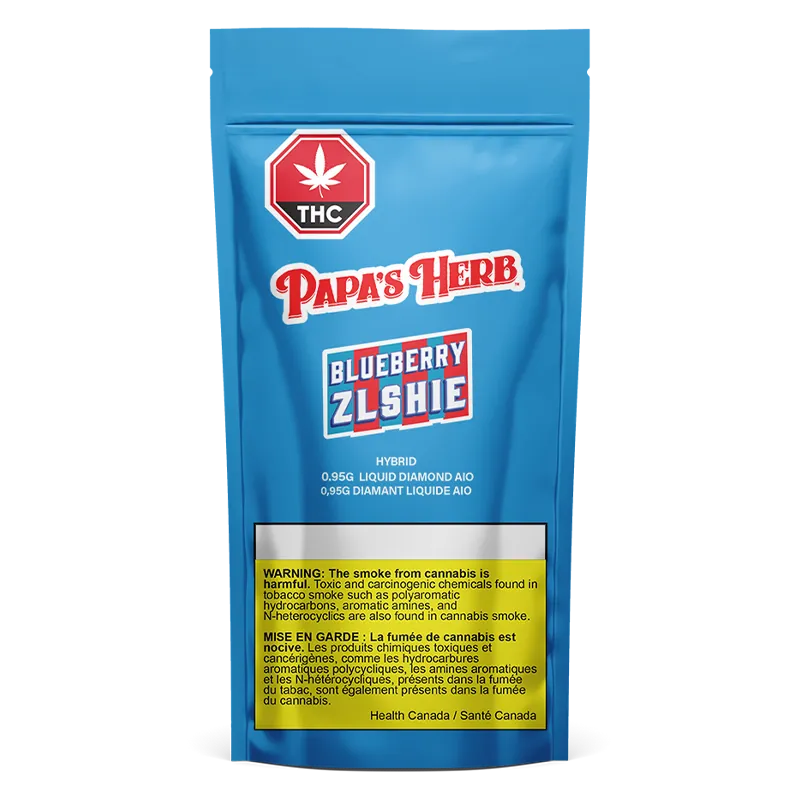 Front-facing image of the Blueberry Zlshie Liquid Diamond Disposable Vape pouch with bright blue packaging, red Papa's Herb logo, and a yellow warning panel at the bottom.