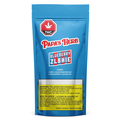 Front-facing image of the Blueberry Zlshie Liquid Diamond Disposable Vape pouch with bright blue packaging, red Papa's Herb logo, and a yellow warning panel at the bottom.
