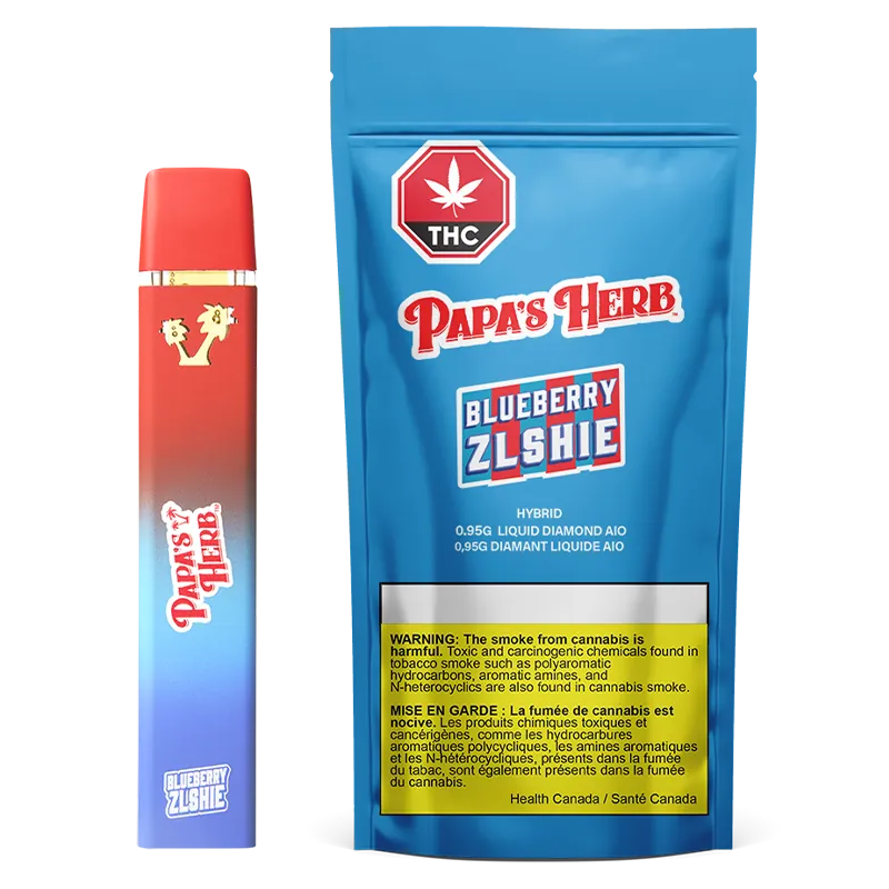 Front-facing shot of the Blueberry Zlshie Liquid Diamond Disposable Vape pouch and device, the Blueberry Zlshie Liquid Diamond Disposable Vape shown with bright blue packaging and a red-to-blue gradient vape.