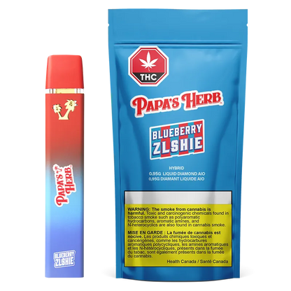 Front-facing shot of the Blueberry Zlshie Liquid Diamond Disposable Vape pouch and device, the Blueberry Zlshie Liquid Diamond Disposable Vape shown with bright blue packaging and a red-to-blue gradient vape.