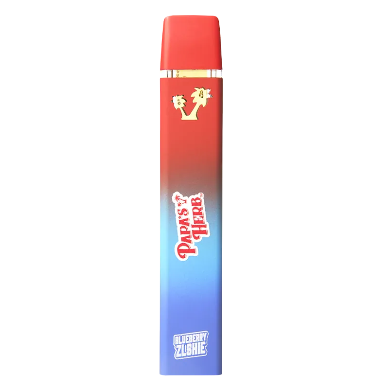 Vertical studio shot of a red-to-blue gradient Blueberry Zlshie Liquid Diamond Disposable Vape with visible "Papa's Herb" and "Blueberry Zlshie" logos.