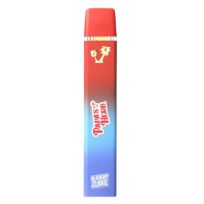 Vertical studio shot of a red-to-blue gradient Blueberry Zlshie Liquid Diamond Disposable Vape with visible "Papa's Herb" and "Blueberry Zlshie" logos.